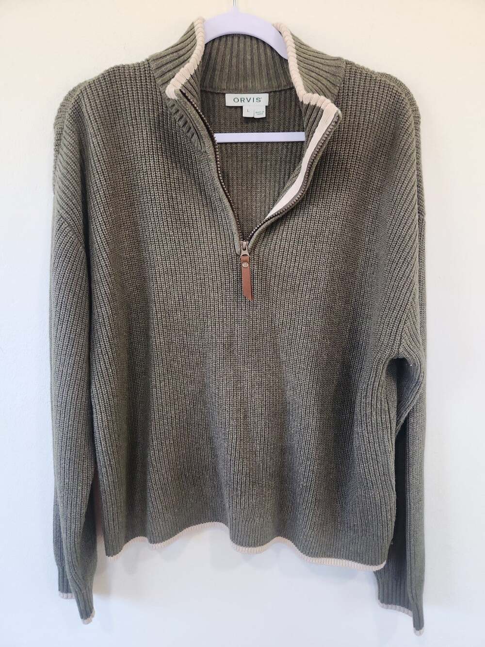 Orvis Quarter Zip Sweater Mens Large Green Wool Nylon Blend Mock Neck Pullover